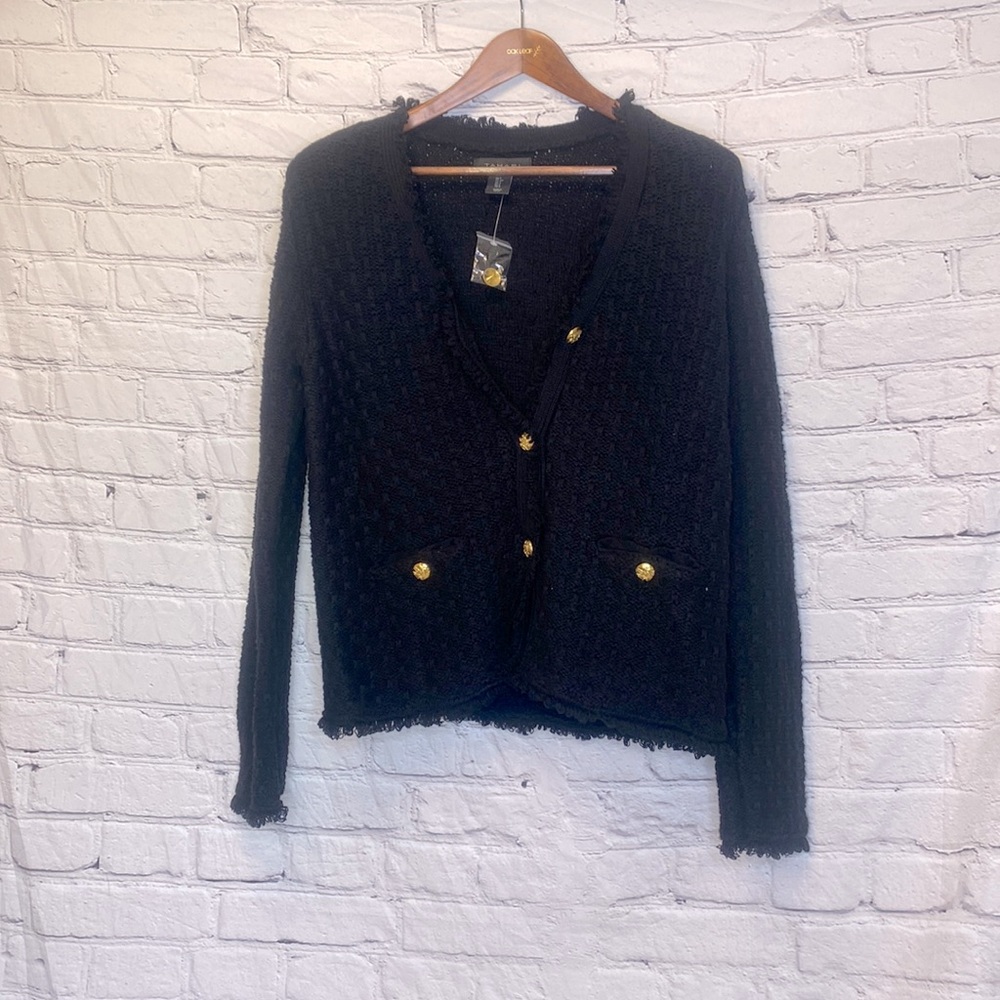 Tahari Black Gold Buttons Chenille Sweater Jacket Size Small Brand New
